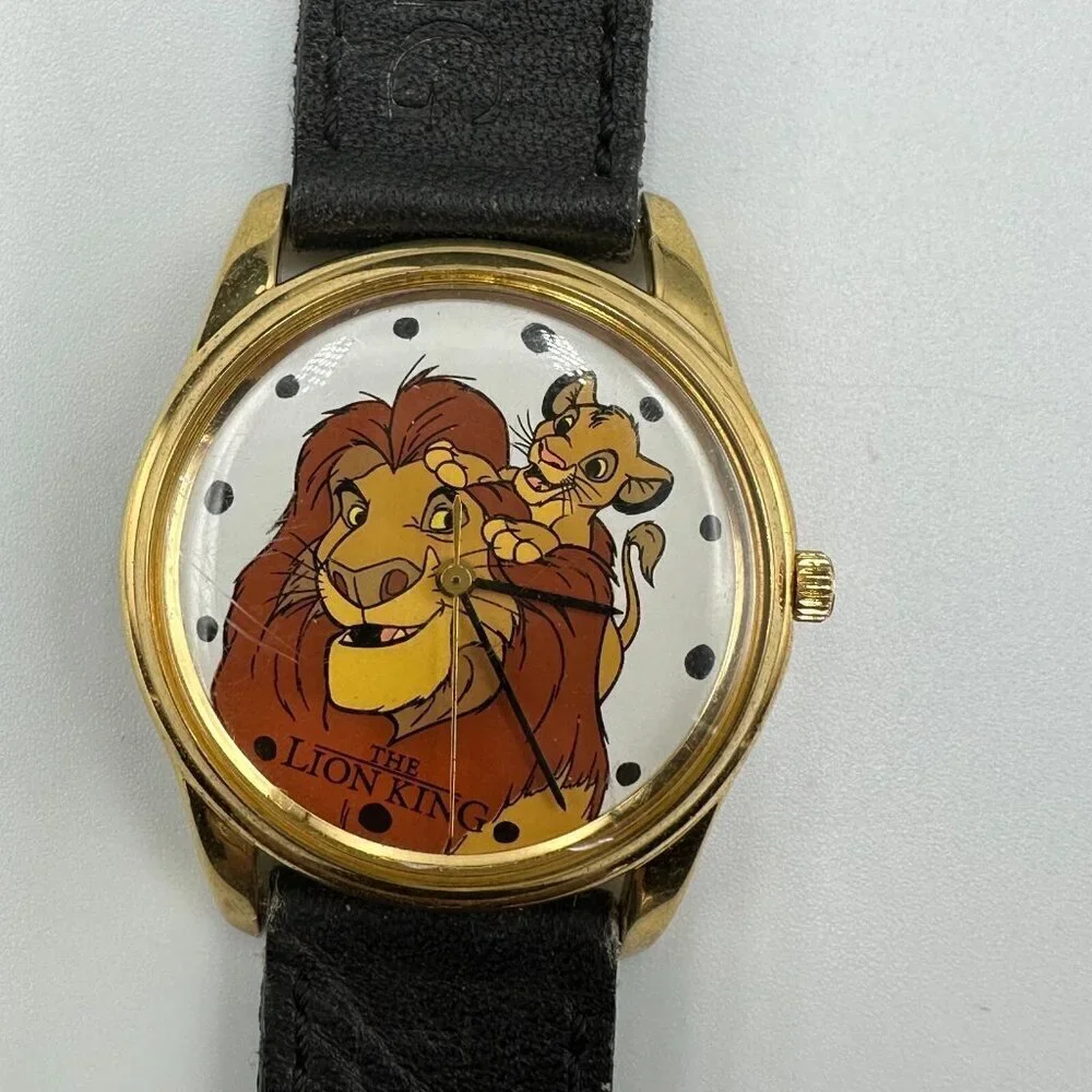 Timex Watch Women The Lion King Simba Mufasa Gold Tone Black Band Works 8.5